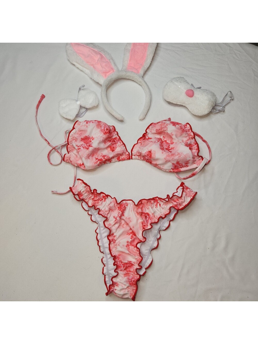 Pink Bunny Costume Lingerie Set with Headband and Tail